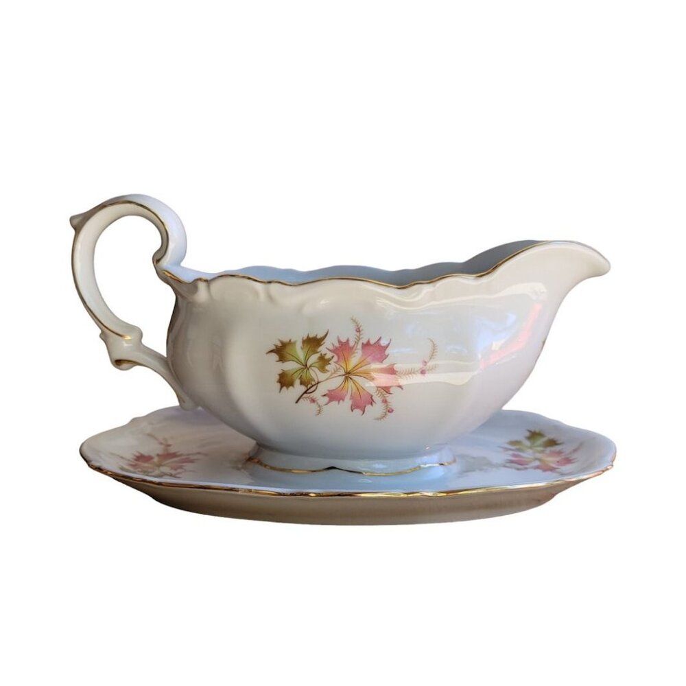 Mitterteich Bavaria Floral Gold Germany GRAVY BOAT Autumn Leaves Pink Green M19